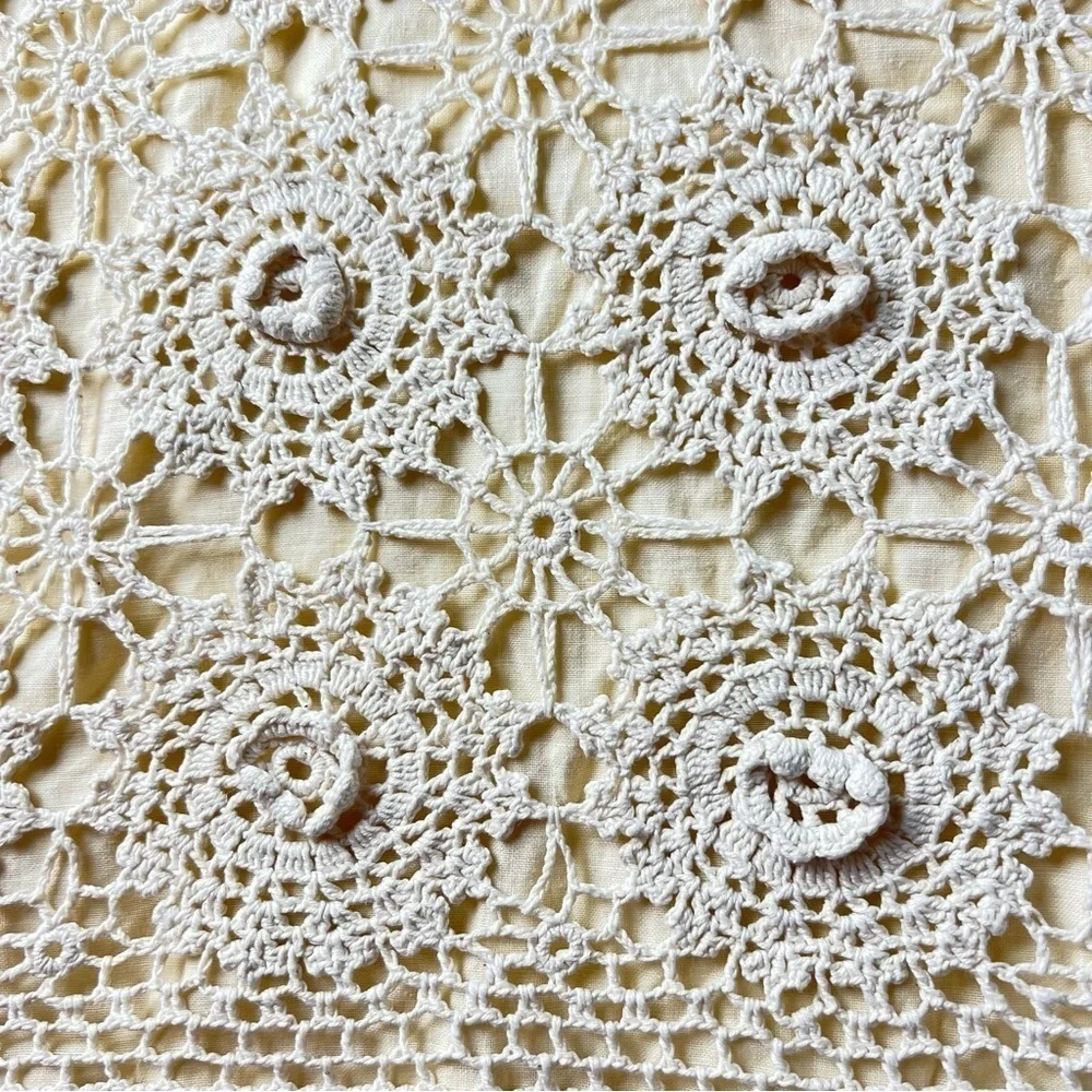 Vtg Crochet Linen Lace Standard Pillow Sham Beige Tan Shabby Cottagecore Chic